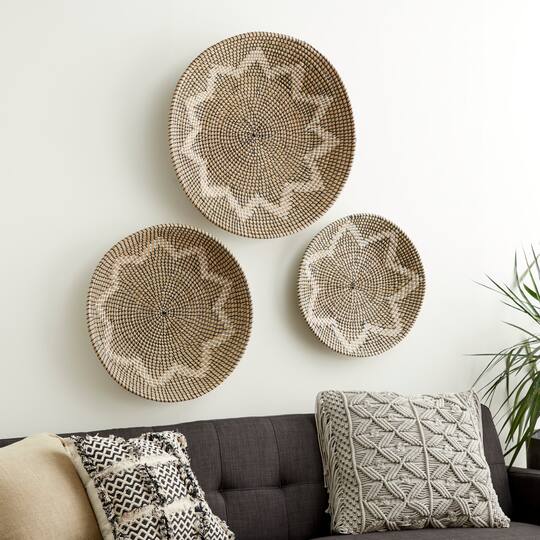 Set of 3 Natural Brown Seagrass Traditional Abstract Wall Decor, 29", 24", 20"